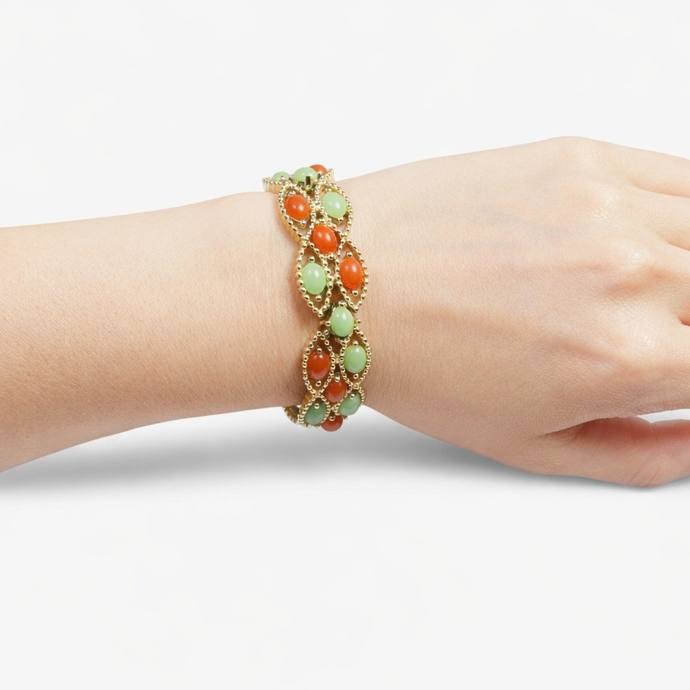Sarah Coventry Bracelet Women Gold Vintage 60s Faux Jade Cabochon Multi-Color